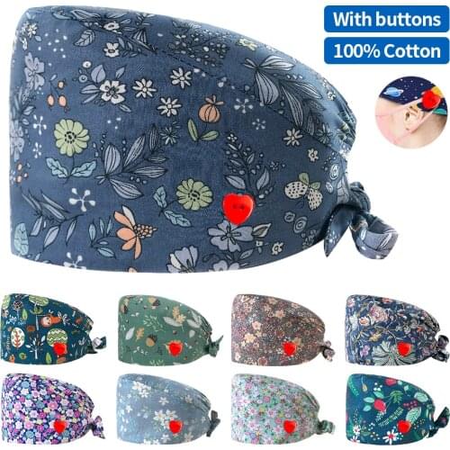 New High Quality Medical Uniform Accessories Cartoon Floral Printing Elastic Scrubs Hat Pet Shop Lab Nurse Hat Women Scrubs Caps