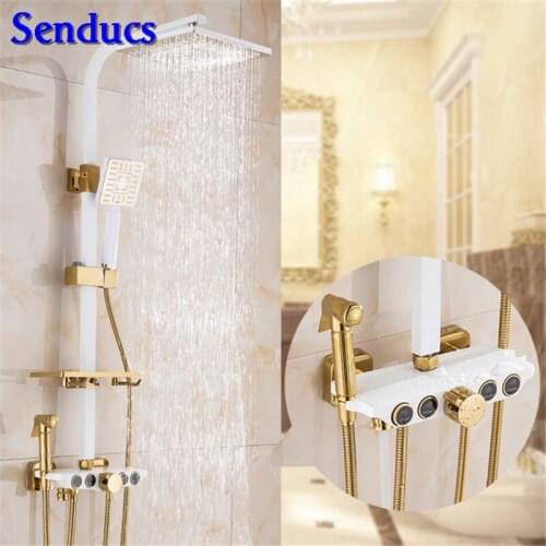 Senducs White Gold Bathroom Shower Set European Style Brass Bathroom Shower Faucet Hot Sale White Bath Shower Set
