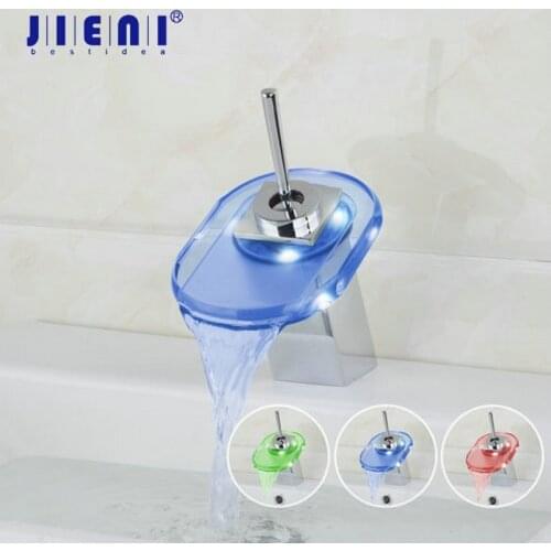 JIENI Solid Brass Basin Faucet Waterfall Faucet Platform Basin Mixer Faucet LED Light Chrome Bathroom Faucets Mixers & Taps