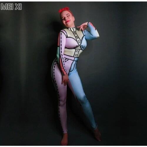 Stylish colorful print jumpsuit party nightclub bar concert DJ singer/dancer costumes