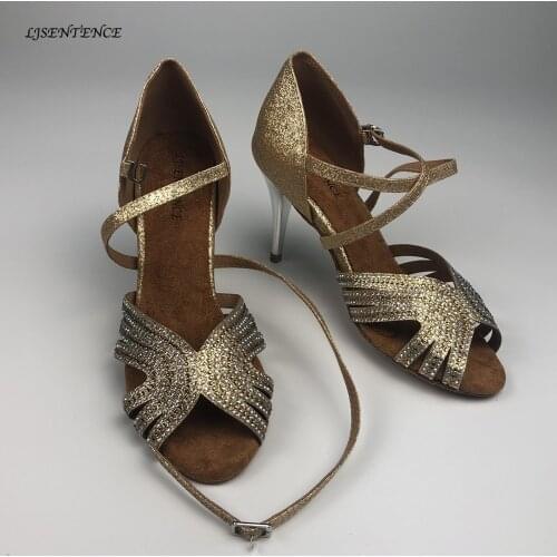 Salsa Dance Shoes Women High Heels 8.5cm 7.5cm Spike Heel Gold Brown Shine Glitter Social Party Ballroom Bachata Latin Dance New