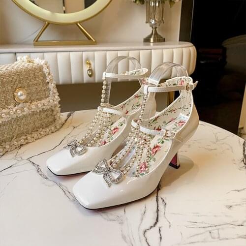 Mary Janes Shoes Women Summer 2021 New Retro Diamond Butterfly-knot High Heels Pumps Square Head Pearl Lolita Style Shoe