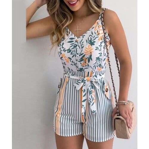 European and American Womens New Summer Hot Style V-neck Sling Fashion Leaf Print Bandage One-piece Short Pants