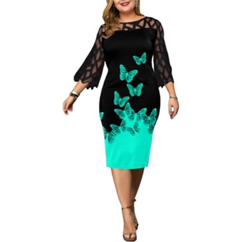 Summer Autumn Women Dresses 2021 Elegant Butterfly Flower Print O Neck 3/4 Sleeve Mesh Patchwork Loose Long Dress