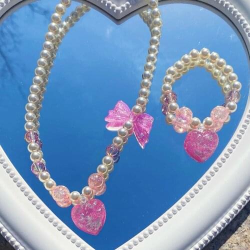 Y2K Jewelry Shiny Heart Necklace for Women Beads Lolita Accessories Harajuku Vintage Bracelets Necklace Set Charms 90s Aesthetic