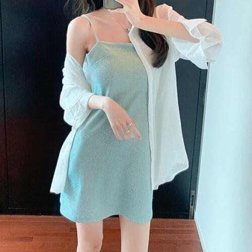 Summer Korean Version Of High Waist Sexy Sleeveless Solid Color Suspender Dress + White Long-Sleeved Sunscreen Shirt Beach Dress
