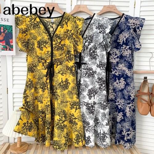 Temperament V-neck flying sleeve Dress lace up bow ruffles patchwork high waist print A-line Dress 2021 New Summer Women