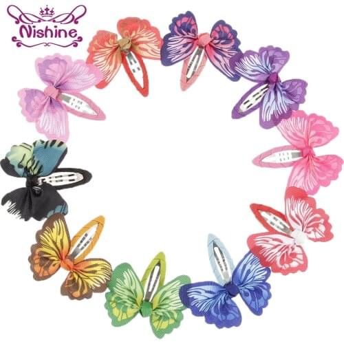 Nishine 10pcs/lot Butterfly Hair Ribbon Bows Hair Clip Bows Kids Girls Bobby Pin Children Hair Pins Birthday Photography Props
