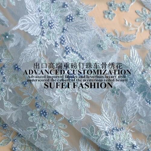 130cm wide water blue beading embroideried net lace fabric for wedding evening dress clothing decoration 1/2 yards long S002