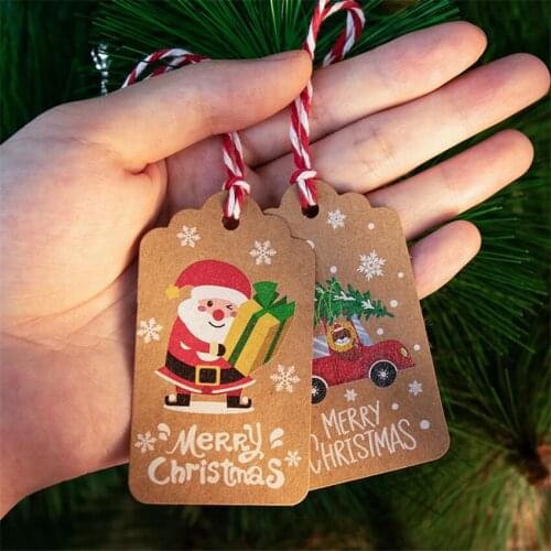 50/100pcs Christmas Kraft Paper Tag with Strings Xmas Holiday Tags Vintage Painted Gift Wrapping Hanging Card DIY Message Card
