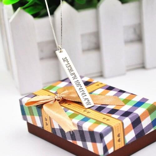 925 Solid Silver Vertical Bar Necklace Stamp Latitude Longitude Custom Coordinate Pendent In Memory Jewelry