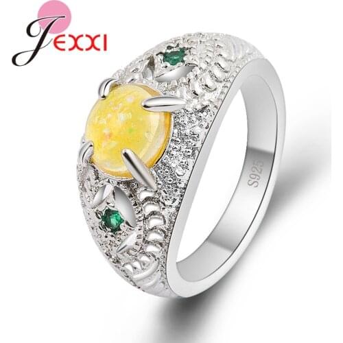 Brand New Fashion Style Genuine 925 Sterling Silver Yellow Round Fire Opal Rings For Woman Wedding Party Punk Jewelry