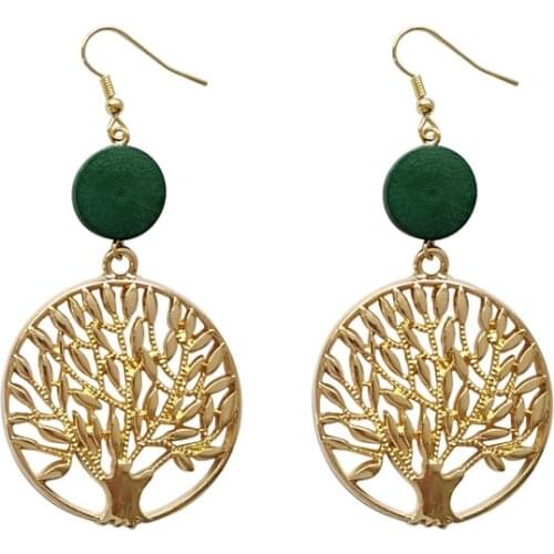 Japan Forest Vintage Metal Branch Hollowed Tree of Life Long Clip Earrings No Piercing Nature Leaf Green Wood Disc Clip Earrings
