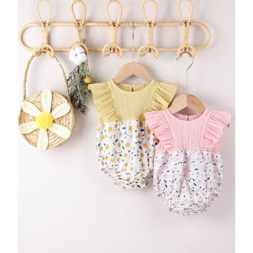 OPPERIAYA Summer Sunflower Print Short Bodysuit Baby Girls Sleeveless O-neck Cotton Casual Stretchy Jumpsuit with Ruffles