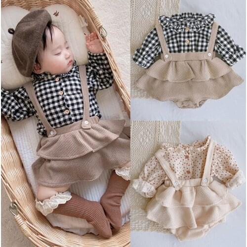 Newborn Baby Girls Clothes Set Infant Winter Clothing Plaid Shirt Tops+Suspender Romper 2PCS Outfit 0-24 Months Bodysuit Overall