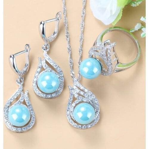 Silver Color Women Bridal Jewelry Sets Sky Blue Natural Freshwater Pearls Dangle Earrings Ring Necklace Wedding Sets