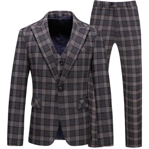 Classic Business Banquet Men Suit Jacket + Pant + Vest Autumn Winter Men Suit 3 Piece Set Fashion Men Slim Fit Plaid Suits