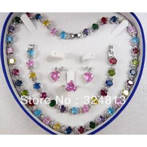 New Multicolor Zircon Link Bracelet/ Earrings /Ring / Necklace Set +free no box