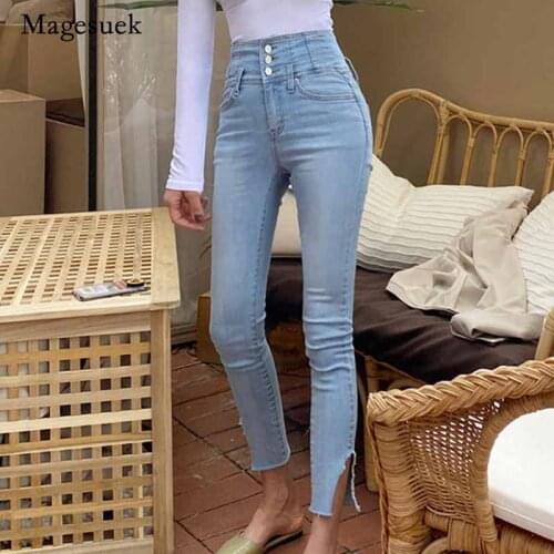 Single-breasted Lady Pencil Jeans Streetwear Women Denim Skinny Pants Trousers 2020 Women High Waist Jeans Pants Pantalon 10411