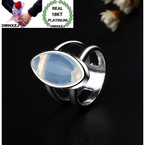 OMHXZJ Wholesale European Fashion Woman Girl Party Birthday Wedding Gift Vintage Wide White Moonstone 18KT White Gold Ring RR827