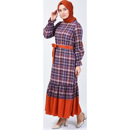 Minahill Elastic Sleeve Belted Dress 33874-03 Purple 33874-03