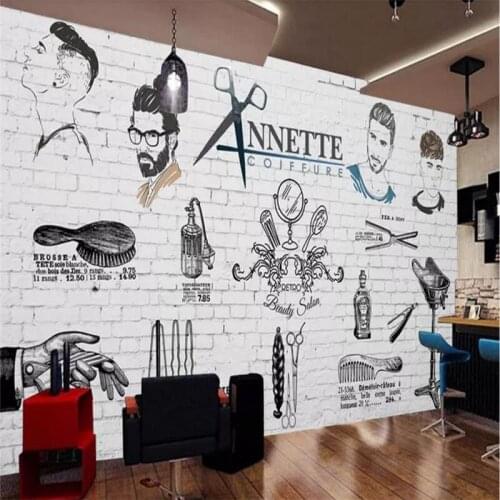 Custom wallpaper European and American hand-painted trend barber shop wall decoration - high quality silk fabric