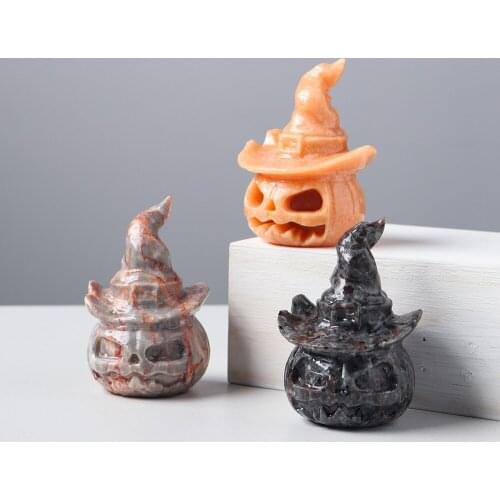 Natural Sunstone Hollow Process Pumpkin Crystal Red Grid Flame Reiki GemsCarving Halloween Home Decoration Specimen Ornament