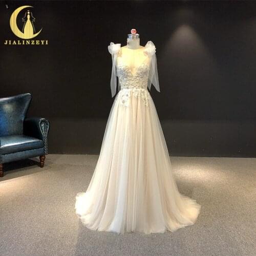 JIALINZEYI Real Picture V Neck Lace Appliques A-line Sexy See Through Bridal Wedding Dresses 2020
