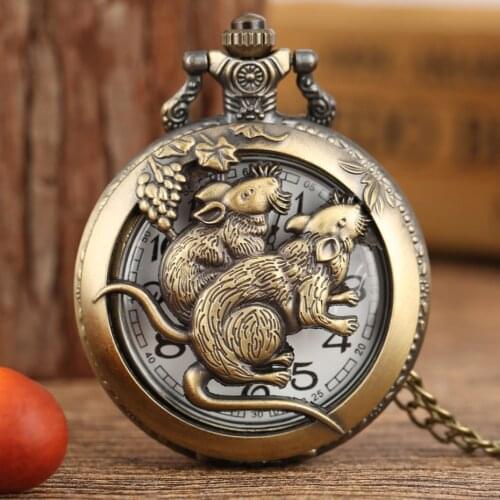 Retro Bronze Chinese Zodiac Pocket Watch Pendant Animal Watch Hollow Necklace Chain Art Collectible Gifts Commemorative Antique