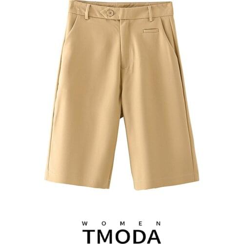 TMODA334 Women 2020 Fashion Side Pockets Straight Yellow Shorts Vintage High Waist Zipper Fly Female Short Pants Mujer