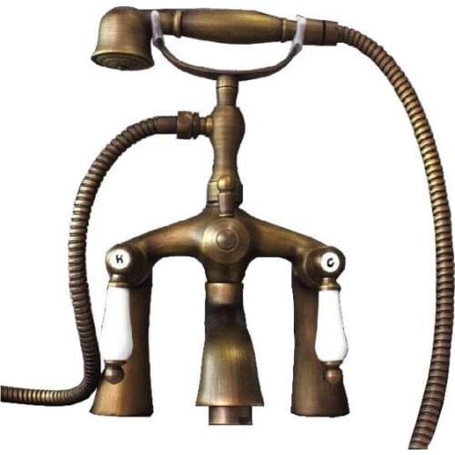 Vintage Retro Antique Brass Double Ceramic Handles Deck Mounted Claw Foot Bathroom Tub Faucet Mixer Tap With Handshower mtf038