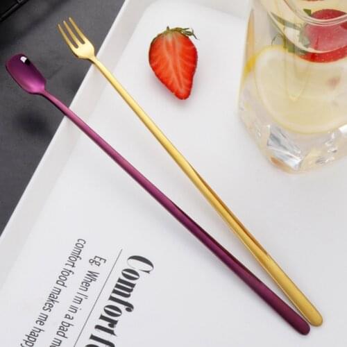 Stainless Steel Tableware Long Handle Salad Fork Spoon Plus Long Handle Square Head Spoon Coffee Milk Mixing Tool