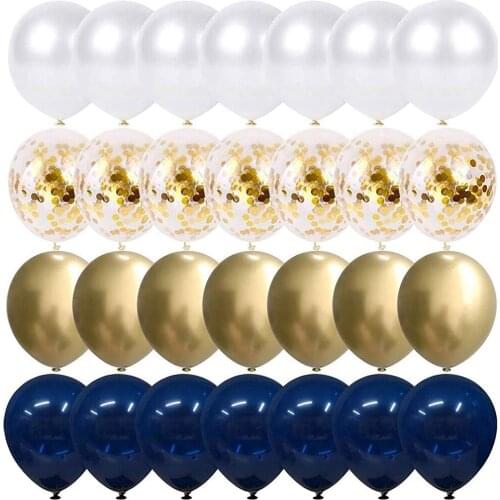 Navy Blue and Gold Confetti Balloons 50 pcs 12 inch Matte White and Gold Metallic Chrome Birthday Balloons for Celebration