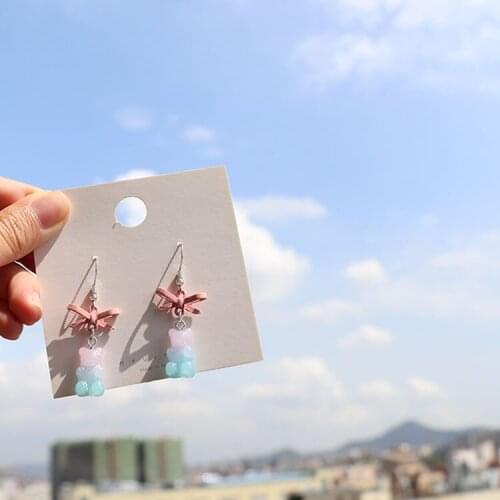 Spring pink blue gradient cute bear gummy ear hooks Japanese girl bow knot small earrings ear clip jewelry female