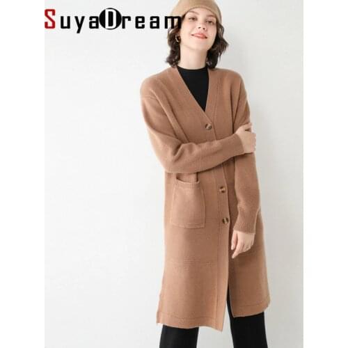 SuyaDream 100%Wool LongCardigan V neck Single Breasted Long Sleeved Sweaters 2020 Fall Winter Cardigans for Women Knit Jackets