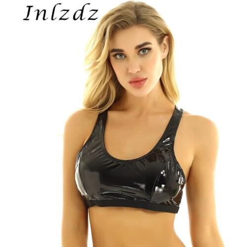 Womens Lingerie Pole Dance Top Wet Look Patent Leather Rave Costume Deep U-neck Sleeveless Racer Back Bra Top Cropped Vest Tops