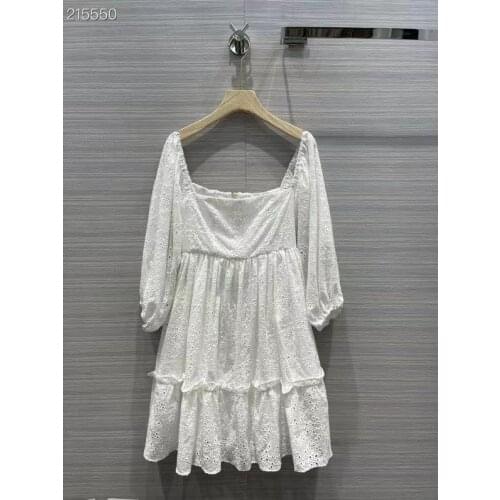 Runway Fashion Summer Women Dress 2021 High Quality Ruffles Square Collar 3/4 Sleeves Hollow Out A-line Mini White Dress