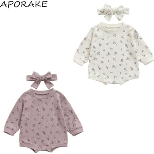 2021 0-24M Infant Girl Long Sleeve Romper+Bow Headband Spring Fall Sweet Flower Print Classic Round Neck Playsuit 2pcs