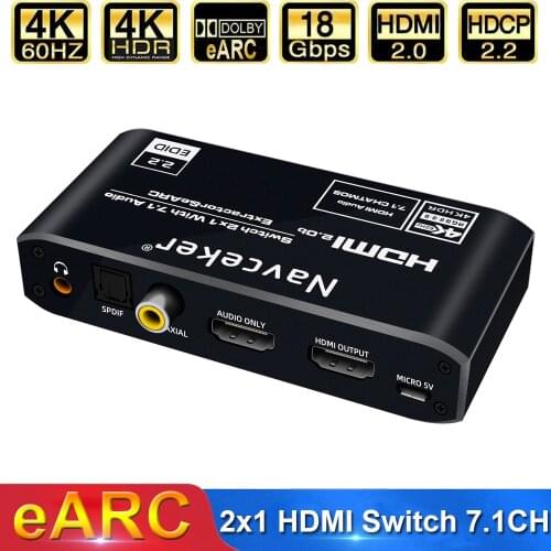 2x1 4K HDMI Switch eARC Audio Extractor With ARC & Optical Toslink HDMI 2.0 Switch 4K 60Hz HDMI Switcher Remote for Apple TV PS4