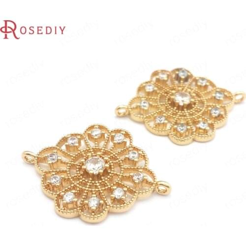 40616)10PCS 24K Champagne Gold Color Brass and Zircon 2 Holes Flower Connect Charms Pendants Jewelry Making Supplies Findings