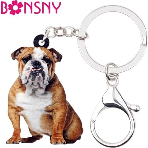 Bonsny Acrylic Sitting British Bulldog Pug Dog Key Chains Keychains Rings Unique Animal Jewelry Gift For Women Girls Bag Pendant