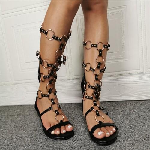 Latex Summer Gold Circle Leather Long Sandals Boots Gladiator Knee High Peep Toe Rome Flats knitted Booties Shoes Women