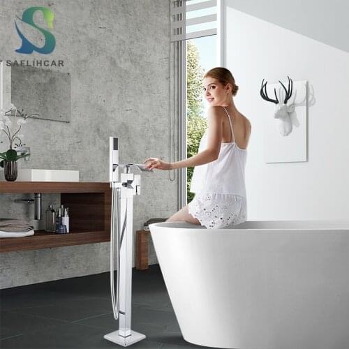 Black Bronze Bathroom Bathtub Faucet Waterfall With Hand Shower Floor Mounted Tub Mixer Tap Bathroom Cold Hot Mixer Taps
