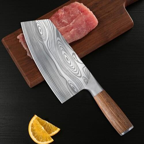 Damask Laser Pattern Blade 8 inch Butcher Knife Stainless Steel Kitchen Knife Color Wood Handle Chopping Knife Meat Slicing Tool