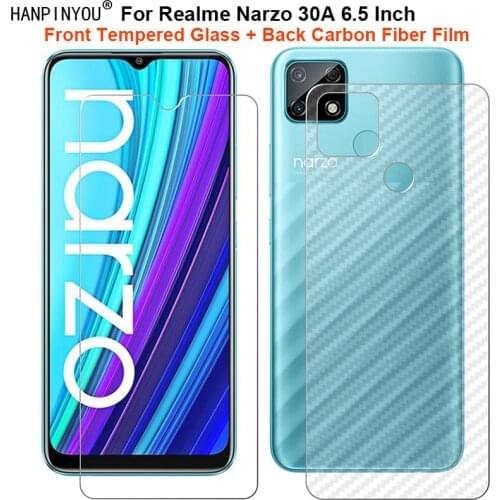 For Realme Narzo 30A 6.5" 1 Set = Soft Back Carbon Fiber Film + Premium Tempered Glass Front Screen Protector