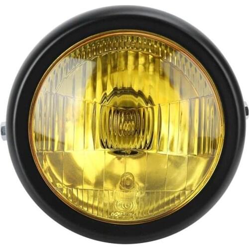 Retro Motorcycle Round Headlight Yellow Lens Head Lamp Modification Fits for GN125 with 35-43mm/1.4-1.7in fork tubes 12V