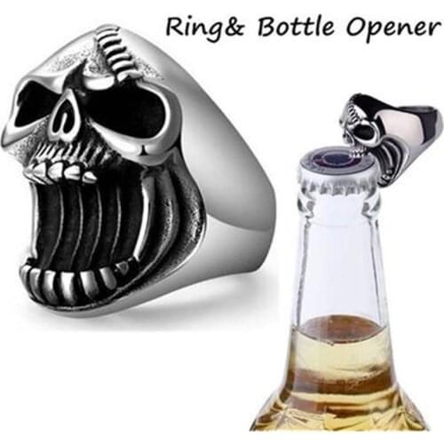 FDLK New Exaggerated Skull Head Shape Ring Mens Ring Big Metal Ring Accessories Party Bottle Opener Jewelry Gift