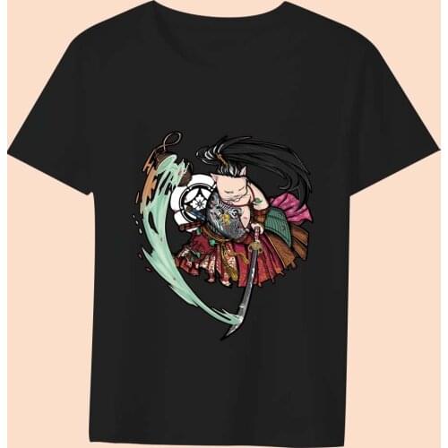 T-shirt Womens Japanese Black Pullover Top Funny Samurai Pattern Series Top T-shirt Commuter All-match Basic Ladies Soft Top