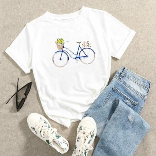 Comfortable T Shirt Women Vogue y2k Fashion Casual T Shirts Personalized Blue Bike Bicycle Printed Streetwear TShirt Hipster