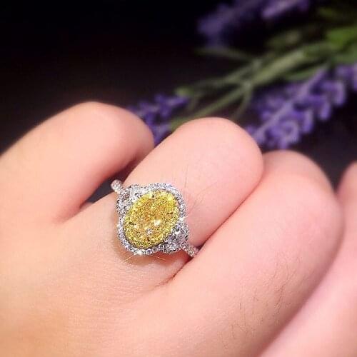 1ct 6mm 18K White Gold Center Yellow Oval Cut Moissanite Halo Ring Side Stones Ring Engagment Wedding Ring For Women